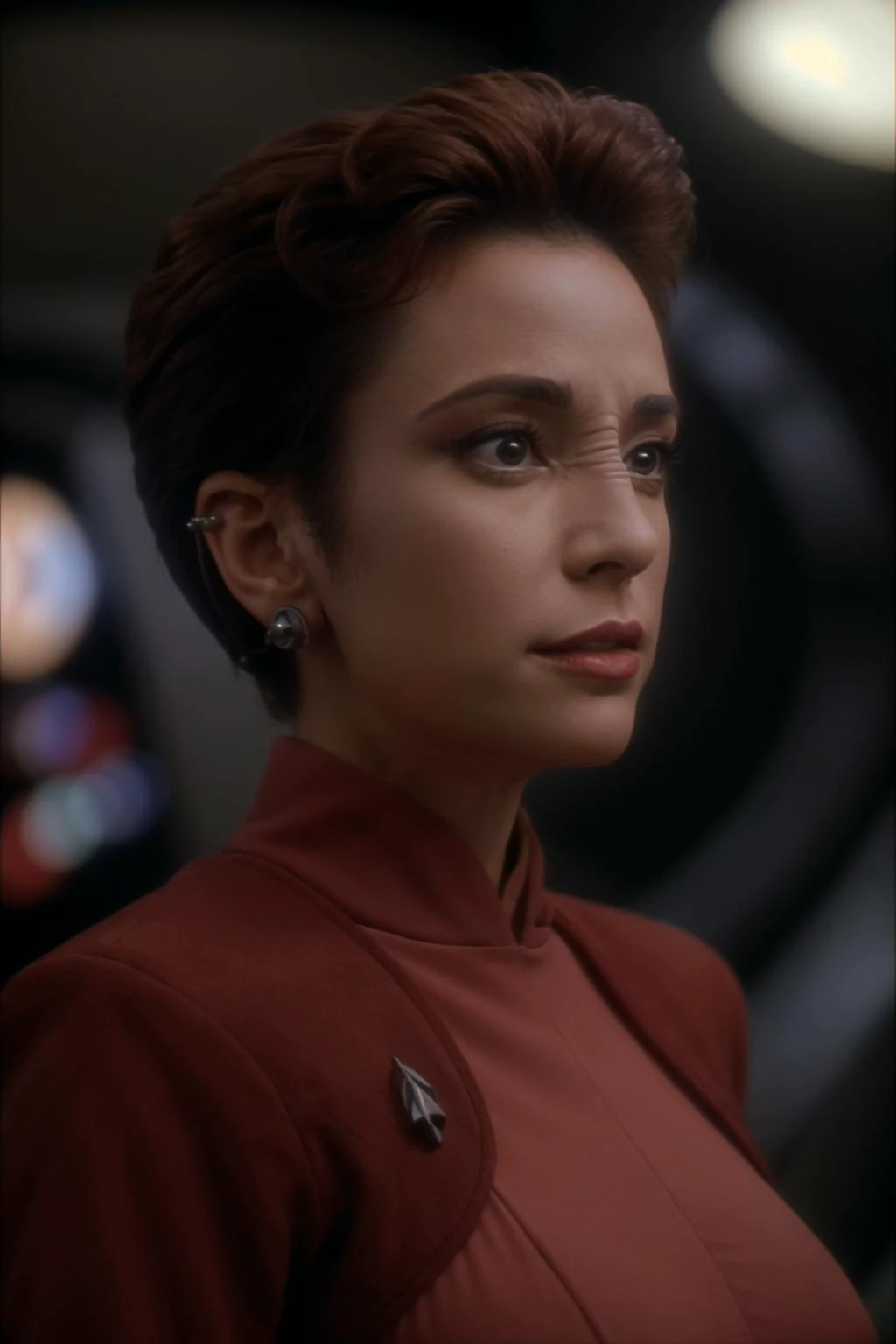 portrait of a woman, kiranerys, ds9background, dslr, raw photo,  tack sharp focus, ultra realistic, 8k,high quality, wearing a reduniform <lora:kiranerys:0.9>