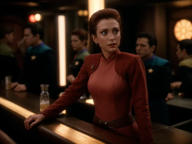 cinematic still of a woman at a bar, multiple people,  reduniform,  kiranerys, science fiction, sharp focus, uhd <lora:kiranerys:0.8>