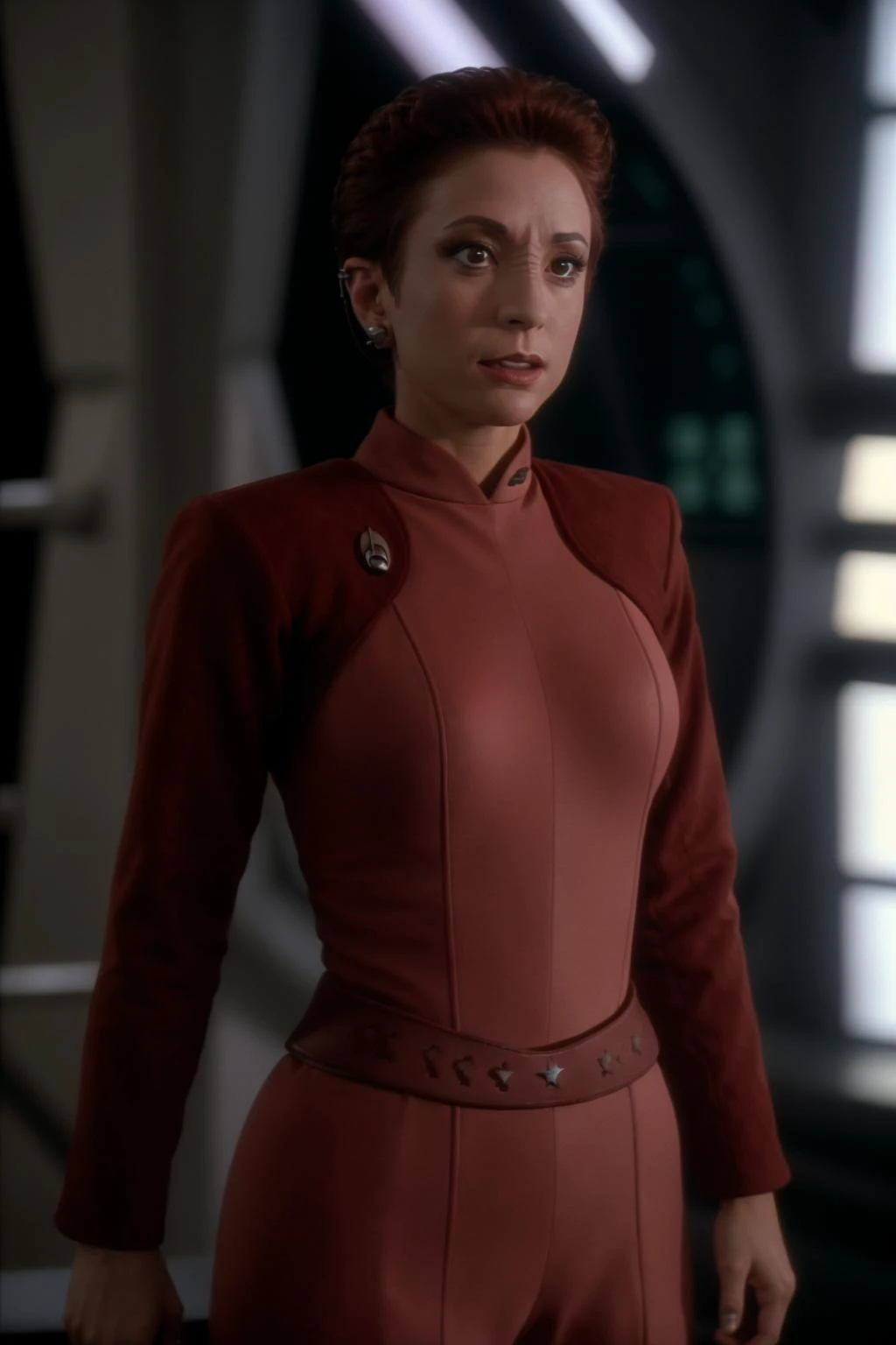 portrait of a woman, kiranerys, ds9background, dslr, raw photo,  tack sharp focus, ultra realistic, 8k,high quality, wearing a reduniform <lora:kiranerys:0.9>