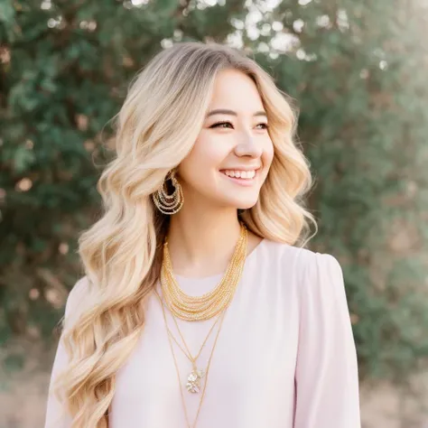 Full Body Shot Of smiling female with jewelry art 25 yo. ((Dreamy)), (Mixed Media), (Fashion Model), (Soft Light), (Pastel Colors), (Portrait), (Photo), (Realistic Style), colored dress, colored haired, American shot, the center of view image
