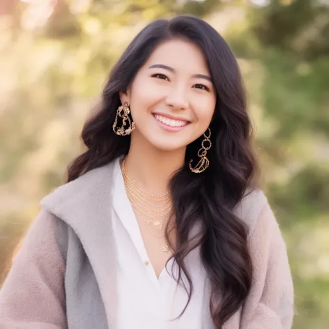 Full Body Shot Of smiling female with jewelry art 25 yo. ((Dreamy)), (Mixed Media), (Fashion Model), (Soft Light), (Pastel Colors), (Portrait), (Photo), (Realistic Style)