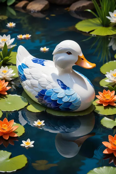 3d blocky rendered video game style (masterpiece, best quality, ultra detailed), intricate details, the image captures a delightful scene of ceramic duck shaped figurines, each meticulously painted with a unique color. these ducks are gracefully floating on a tranquil blue river, surrounded by a sea of lily pads and blooming flowers that add to the serene atmosphere. as we zoom in, the duck closest to us is painted in a soothing shade of light blue, adorned with delicate white feathers and petite orange beak. its companions, varying in colors from vibrant orange to pure white, contribute to the charming palette of this enchanting scene. each duck, whether standing proudly or swimming gracefully, seems to have been crafted with care, their features exuding an air of elegance and grace. the interplay of colors and the harmonious arrangement of these figures create a picturesque landscape that evokes feelings of peace and tranquility. this artful representation of ceramic ducks, set against a backdrop of a gentle blue river, invites us into a world of imagination where every detail matters, from the swaying grasses to the ripples on the water's surface. it is a testament to the beauty of craftsmanship and the magic of storytelling through art., cartoon style . blocky, pixelated, vibrant colors, recognizable characters and objects, game assets