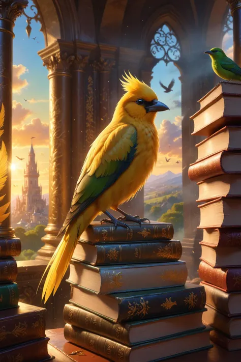 technology book cover art, modern, sleek, high tech, metallic colors in the vast expanse of a mystical realm, a brilliantly yellow bird with black beak and eyes perches on top of an impressive stack of ancient books. the books are bound in various colors, including green, orange, red, blue, and white, each one hinting at tales of magic and mystery. in the background, an intriguing tower looms over the scene, its golden hue reflecting the radiant light that permeates the area. the bird's feathers shimmer as it surveys the landscape, perhaps searching for clues or waiting for a brave adventurer to discover the secrets within the towering books.