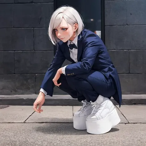 solo, 1girl, crouching,
business suit, suit jacket, suit pants, navy blue suit, 
<lora:tsneakz_v4_wd14_24x_dropout_flip_chillout_local:0.75> platform sneakers, tsneakz, shoes, "white footwear", mature female,