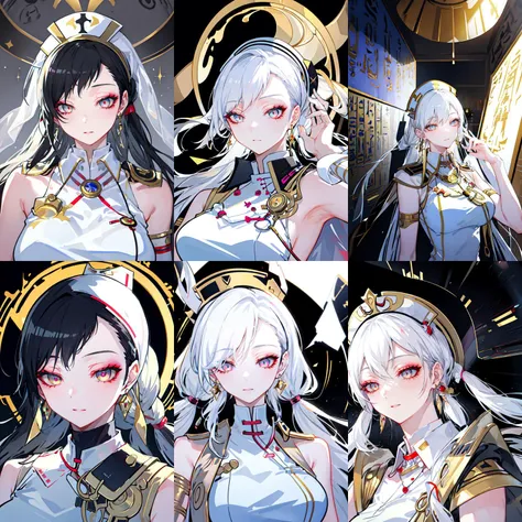 (otherworldly, otherworldly atmosphere, otherworldly appearance), highly insanely detailed, masterpiece, top quality, best quality, highres, 4k, 8k, RAW photo, collar, earrings, jewelry, necklace, armlet, 
(long_hair, long hair, random colors cloth, random colors hair, random long hair, dynamic hair, glowing hair, hair over one eye), 
eyelashes, eyeliner, eyeshadow, eyelashes, 
makeup, 
(dynamic pose), (dynamic weather), (dynamic background), nsfw, 
((ancient egyptian theme)), golden ornaments, 
1girl, (portrait:1.2), 
1girl, natural lighting, 
hospital, operating room, surgical gloves, 
(((White))) nurse uniform smooth, nurse, nurse hat, stethoscope  , <lora:NurseUniform0_1:0.8>, 
<lora:smt_devil_survivors_2_fumi_kanno_v1_2:0.9>, fumi kanno, 
BREAK, (fantasy world)