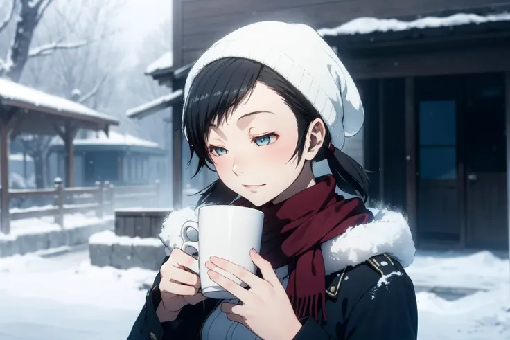 (RAW photo, best quality), 1girl,  natural lighting,  solo, 
 <lora:smt_devil_survivors_2_fumi_kanno_v1_2:1>, fumi kanno,   
winter, snowflakes, holding a cup of coffee, aroma, hat, scarf, outdoor,