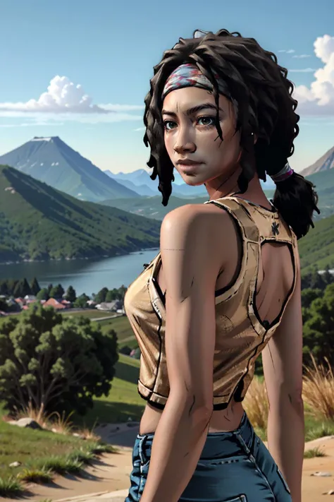( masterpiece, best quality, highres:1.3)
 <lora:MichonneTelltale-000005:0.9>
MichonneTelltale, 1girl, brown eyes, black hair, dreadlocks, mountain trail, midday, clear and crisp light illuminating the natural beauty