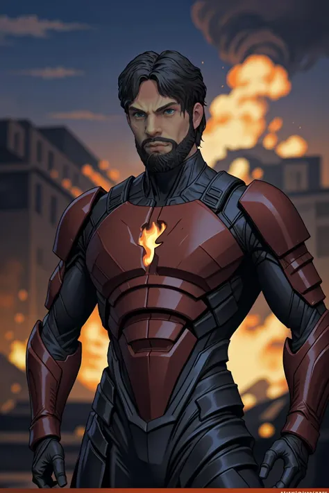 upper body portrait, <lora:Wrecks-10:1> Wrecks as a superhero, futuristic red and black armored suit, flame logo on his chest, (shooting fire from his hand;1.2), fire, smoke, explosions, buildings in background, (red sky)