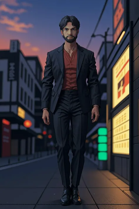 full body portrait, <lora:Wrecks-10:1> Wrecks wearing a black Armani suit, standing on a busy Tokyo sidewalk, night, red neon lights (red sky)