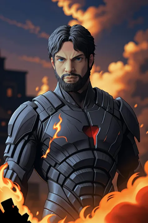 upper body portrait, <lora:Wrecks-10:1> Wrecks as a superhero, futuristic red and black armored suit, flame logo on his chest, floating in the air on fire, fire, smoke, explosions, buildings in background, (red sky)