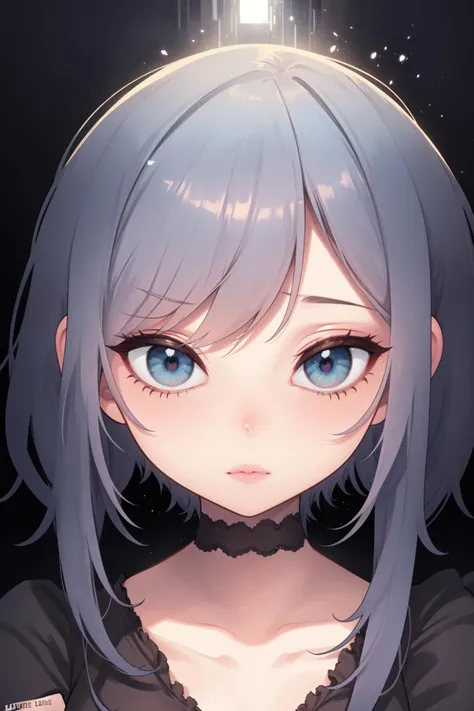 (best quality,highres:1.2),portrait of a girl with long light blue hair and red eyes,black dress,prominent cheeks and large eyes,soft lighting,vivid colors
