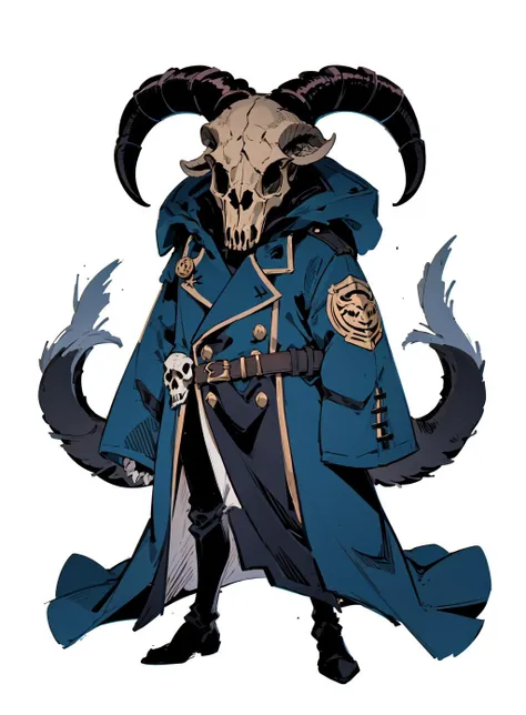 strange head,Goat skull head,1boy, solo, simple background, (((white background:1.2))), buttons, double-breasted, coat, belt, long sleeves,full body,no humans,