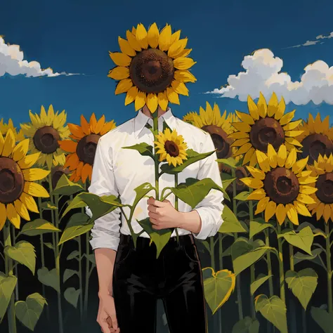 strange head, sunflower head, flower, sunflower, solo, 1boy, male focus, holding flower, yellow flower, holding, black shirt, cowboy shot, pants, shirt, standing, black pants,no humans