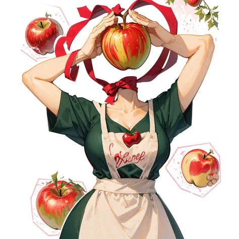 strange head,1girl, breasts, solo,  large breasts, cleavage, apron, white background,simple background,  short hair, short sleeves, arms behind head, ribbon, collarbone, arms up,alternate costume, shirt, black shirt,(apple head:1.2),
