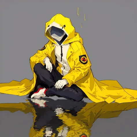 strange head, headless,raincoat, solo, sitting, yellow raincoat, hood, umbrella, simple background, hood up, grey background, 1boy, male focus, puddle, long sleeves