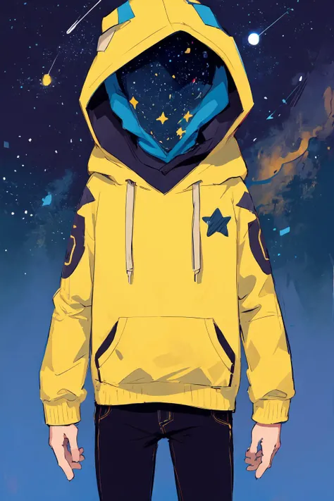 strange head, headless,1 boy,hood,starry sky in hood,standing,no humans
