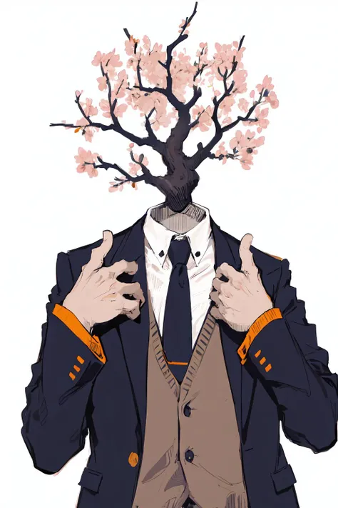 strange head, branch head,1boy,necktie, male focus, formal, suit, solo, shirt, upper body, jacket, white background, long sleeves,  collared shirt,no humans