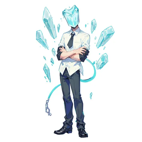 strange head,(Highest picture quality),(Master's work),ice head,1boy, solo, simple background, (white background:1.2), shirt,  crossed arms, collared shirt,full body,no humans,