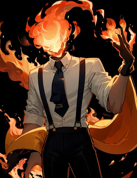 strange head, fire head, male focus, 1boy, solo ,suspenders, pants, shirt, black necktie, black pants, white shirt, collared shirt, cowboy shot, blue necktie, simple background, clap one's hands, black background, sleeves rolled up, facing viewer,