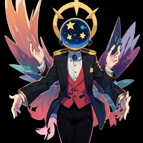 strange head,( starry sky head:1), star,  solo, 1boy,  black suit,float, black pants, transparent body,no humans,