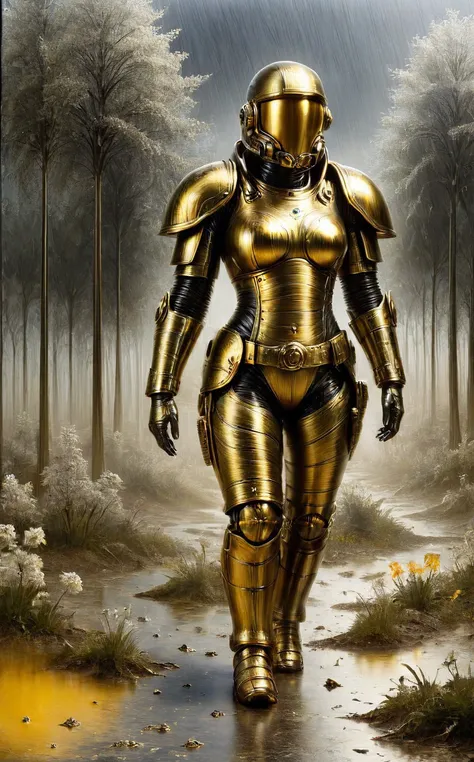 photo of a female space marine with skin made of burnished gold walking in a spring landscape, path, raining, glowing black filigree inlays, surface damage, severe weathering, cracking <lora:Brushed_Steel_Style_SDXL:0.5> AND damaged ebru surface, pitted, corroded, <lora:Brushed_Steel_Style_SDXL:0.5>