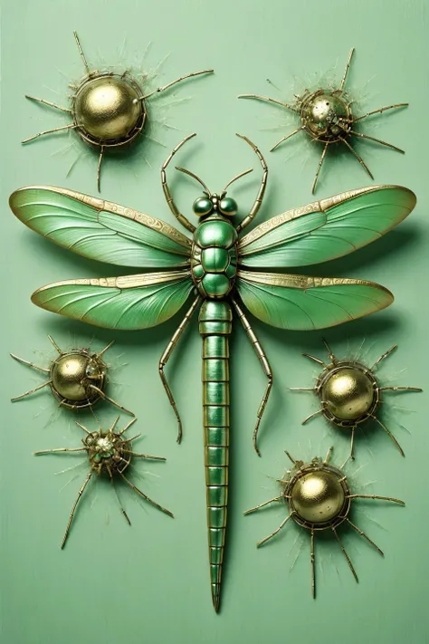 damaged Surrealist painting, (peeling paint on sandpaper:1.2). A grotesque adult female cyborg being a (lilac:0.5) Dragonfly in a decrepit Wild West town, pale green tumbleweeds. (Large patches of broken paint reveal a world of lizard). Intricate details. gold-tinted, gold filigree patterns. Symbolism <lora:Brushed_Steel_Style_SDXL:0.75>
