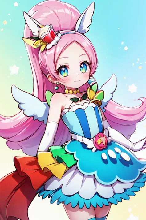 masterpiece,best quality,1girl,cure parfait,very long hair,wide ponytail,layered skirt,shoulder pads,white socks,white kneehighs,wings,mini hat,elbow gloves,hairband,earrings,jewelry,white tail,fruit,smile,multicolored background,ice cream,lens flare,light particles,cowboy shot,dutch angle,<lora:Concept-control tool-add_detail-CyberAIchemist:0.6>,<lora:locon_cure_parfait_04:0.9>,