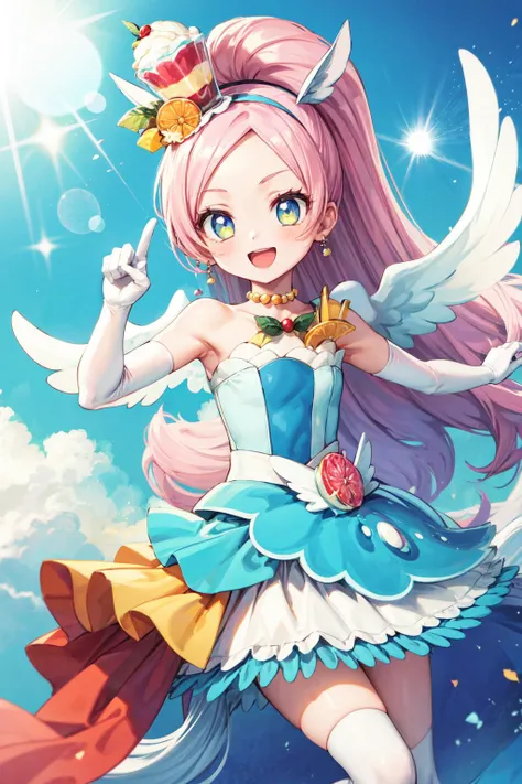 masterpiece,best quality,1girl,cure parfait,very long hair,wide ponytail,layered skirt,shoulder pads,white socks,white kneehighs,wings,mini hat,elbow gloves,hairband,earrings,jewelry,white tail,fruit,smile,open mouth,dynamic pose,multicolored background,ice cream,lens flare,(light particles),cowboy shot,dutch angle,<lora:Concept-control tool-add_detail-CyberAIchemist:0.8>,<lora:locon_cure_parfait_04:0.95>,