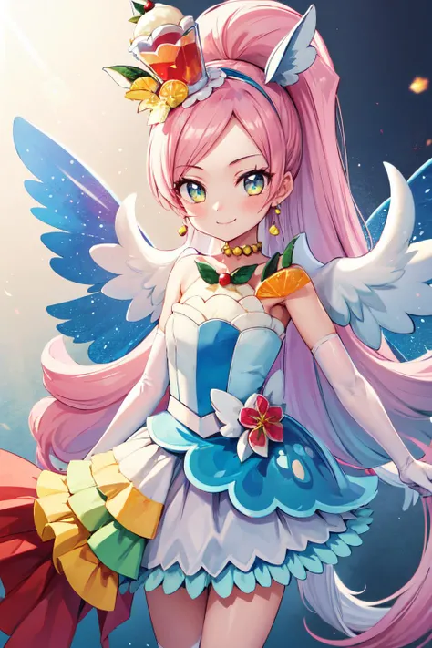 masterpiece,best quality,1girl,cure parfait,wide ponytail,layered skirt,shoulder pads,white socks,white kneehighs,wings,mini hat,elbow gloves,hairband,earrings,jewelry,white tail,fruit,smile,multicolored background,ice cream,lens flare,light particles,cowboy shot,<lora:locon_cure_parfait_04:0.9>,<lora:Concept-control tool-add_detail-CyberAIchemist:0.3>,