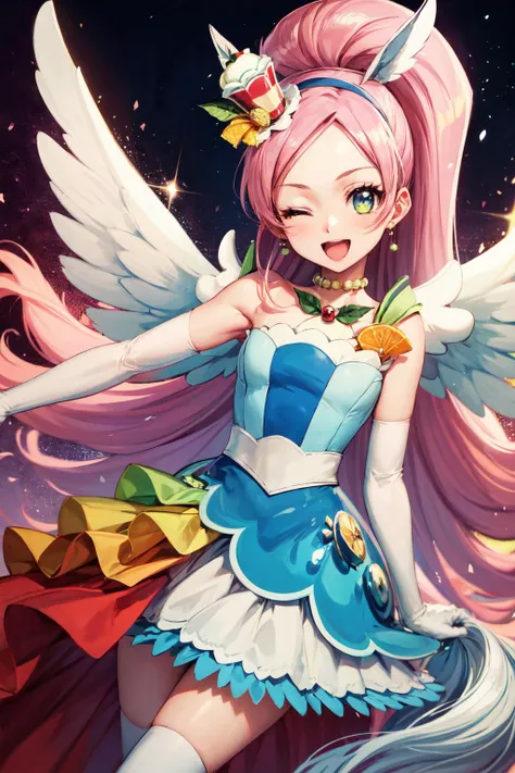 masterpiece,best quality,1girl,cure parfait,very long hair,wide ponytail,layered skirt,shoulder pads,white socks,white kneehighs,wings,mini hat,elbow gloves,hairband,earrings,jewelry,white tail,fruit,smile,one eye closed,open mouth,multicolored background,ice cream,lens flare,(light particles),cowboy shot,dutch angle,<lora:Concept-control tool-add_detail-CyberAIchemist:0.8>,<lora:locon_cure_parfait_04:0.95>,