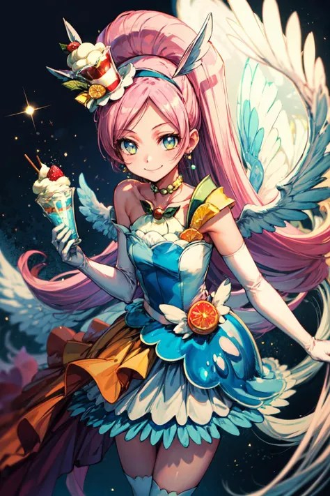 masterpiece,best quality,1girl,cure parfait,very long hair,wide ponytail,layered skirt,shoulder pads,white socks,white kneehighs,wings,mini hat,elbow gloves,hairband,earrings,jewelry,white tail,fruit,smile,multicolored background,ice cream,lens flare,light particles,cowboy shot,dutch angle,<lora:locon_cure_parfait_04:0.9>,<lora:Concept-control tool-add_detail-CyberAIchemist:0.5>,