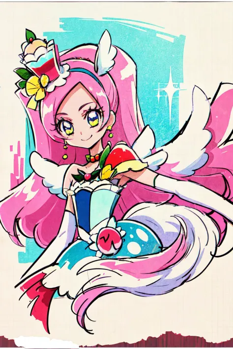 masterpiece,best quality,1girl,cure parfait,very long hair,wide ponytail,layered skirt,shoulder pads,wings,mini hat,elbow gloves,hairband,earrings,jewelry,white tail,fruit,smile,multicolored background,upper body,<lora:locon_cure_parfait_04:0.9>,<lora:KamikitaV2:0.8>,