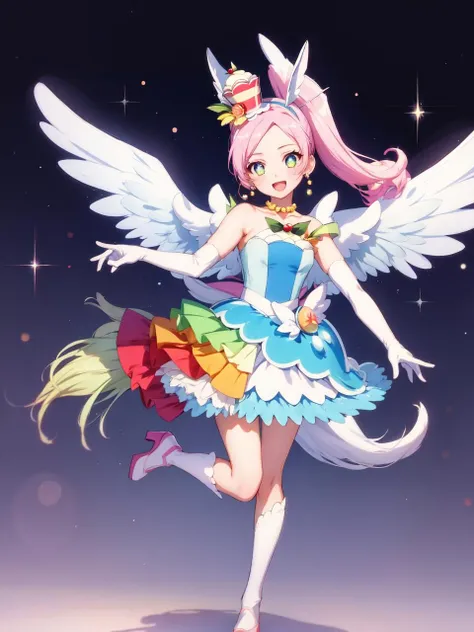 masterpiece, best quality, looking at viewer, depth of field, standing, full body,open mouth,
1girl, <lora:locon_cure_parfait_04:0.95>, cure parfait, wide ponytail, layered skirt, shoulder pads, high heels, white socks, wings, mini hat, elbow gloves, hairband, porch, earrings, jewelry, fruit, 
smile, ((gradient background)), lens flare,