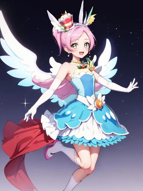 masterpiece, best quality, looking at viewer, depth of field, standing, full body,open mouth,
1girl, <lora:locon_cure_parfait_04:0.9>, cure parfait, wide ponytail, layered skirt, shoulder pads, high heels, white socks, wings, mini hat, elbow gloves, hairband, porch, earrings, jewelry, fruit, 
smile, ((gradient background)), lens flare,