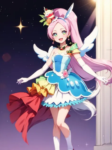 masterpiece, best quality, looking at viewer, depth of field, standing, full body,open mouth,
1girl, <lora:locon_cure_parfait_04:0.95>, cure parfait, wide ponytail, layered skirt, shoulder pads, high heels, white socks, wings, mini hat, elbow gloves, hairband, porch, earrings, jewelry, fruit, 
smile, ((gradient background)), lens flare,