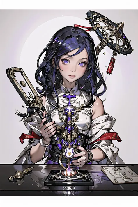 (masterpiece, best_quality, ultra-detailed, immaculate:1.3), epic, illustration, welcoming, 1girl, priestess, gray hair, Root Melt,hair over one eye, casting spell, in a Chinese museum, at a mad scientist's, African bar, bombshell hair, neon ultraviolet hair, U-cut, circle formation<lyco:EnvyBeautyMix18:1>