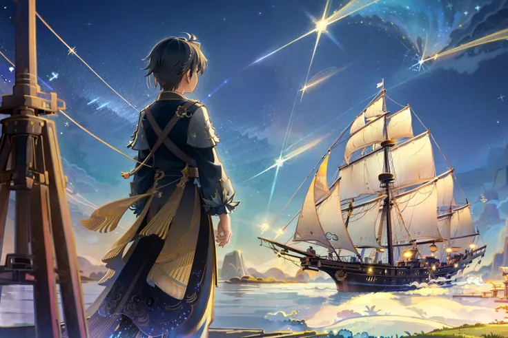 masterpiece, best quality,g1a2s, scenery, sky, watercraft, star (sky), solo, telescope, boat, starry sky, ship, sitting, sparkle, 1girl, star (symbol), fantasy, no humans, cloud, outdoors, night, 1boy, standing, wide shot, night sky, very wide shot, water, moon, constellation, planet, hat, dress, signature, pants, facing away, 1other, mountain, male focus, shirt, ambiguous gender