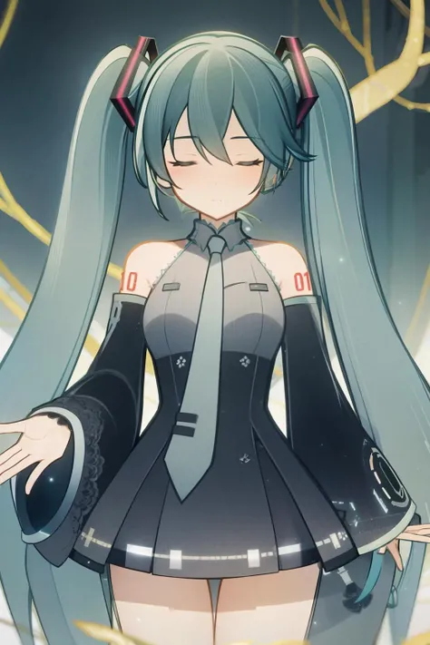 masterpiece, best quality, <lora:gmstyle:1.4>,1girl,hatsune miku, green hair, long hair,twintails, black headwear, detached sleeves, grey vest,black skirt