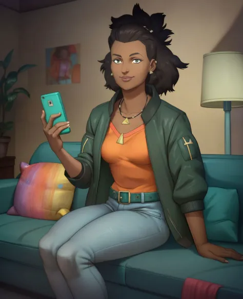 zPDXL, woman,
a_b, 1girl, black skin, dark hair, green jacket, orange shirt, jeans, belt, necklace, looking at viewer, smiling, sitting, on sofa, holding cell phone, cozy living room, night time, lamp,
<lora:Amber_Bennett:.8> <lora:Oil Gothic Painting Style SDXL_LoRA_Pony Diffusion V6:1>