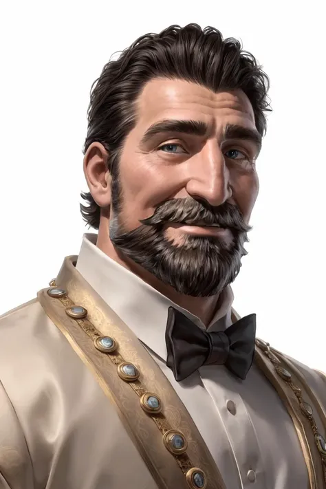 (RAW photo), <lora:King_Frederic_Lora:0.5>, tuxedo, muscular dilf, King Frederic, beard, medium shot, white background, smile