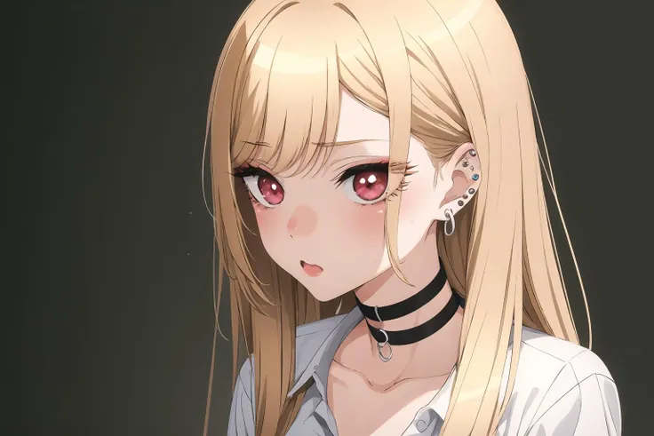 1girl, solo, long hair, bangs, blonde hair, shirt, red eyes, jewelry, white shirt, earrings, choker, black choker, piercing, ear piercing, Marin, anime girl with long blonde hair and pink eyes staring at something, <lora:Sono_Bisque_Doll_wa_Koi_wo_Suru_-_Marin_Kitagawa:0.8>