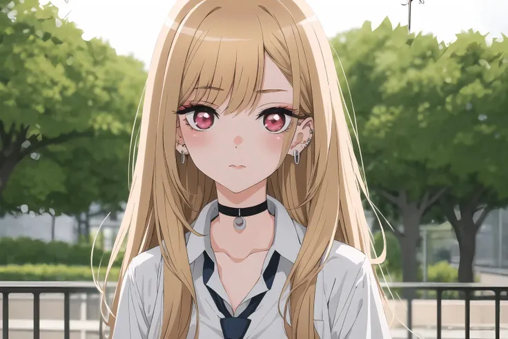 1girl, solo, long hair, looking at viewer, bangs, blonde hair, shirt, red eyes, jewelry, closed mouth, school uniform, white shirt, upper body, earrings, necktie, choker, tree, black choker, piercing, ear piercing, Marin, anime girl with long blonde hair and pink eyes in a white shirt <lora:Sono_Bisque_Doll_wa_Koi_wo_Suru_-_Marin_Kitagawa:0.8>