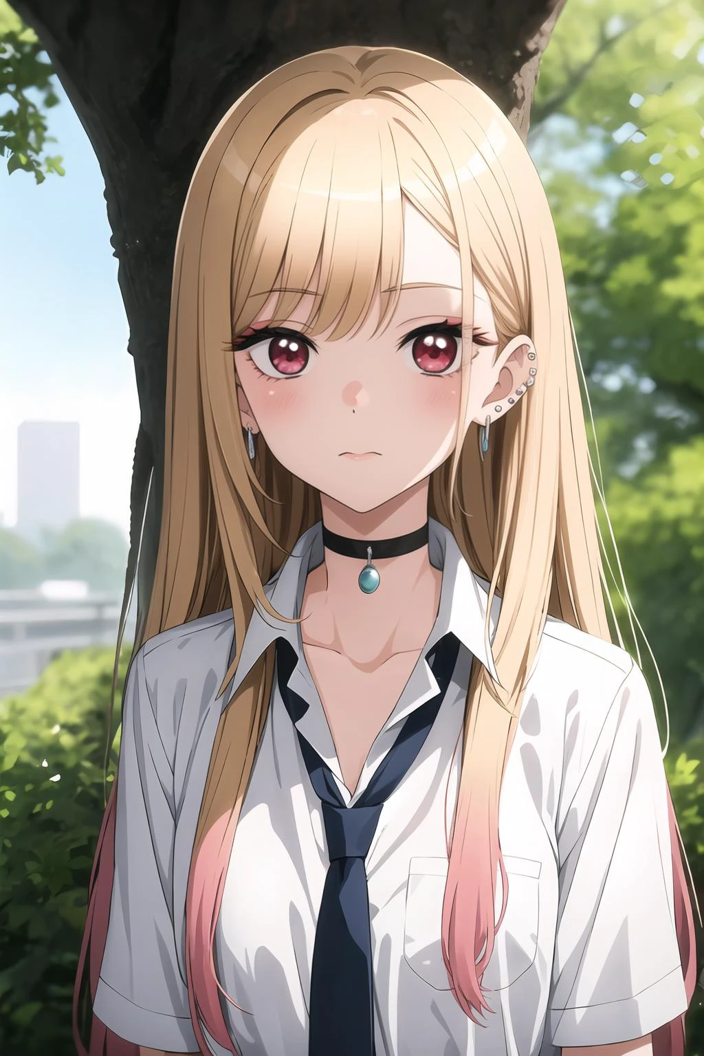 kitagawa marin, 1girl, solo, long hair, looking at viewer, bangs, blonde hair, shirt, red eyes, jewelry, closed mouth, school uniform, white shirt, upper body, earrings, necktie, choker, tree, black choker, piercing, ear piercing, <lora:Sono Bisque Doll wa Koi wo Suru - Marin Kitagawa V2:1>