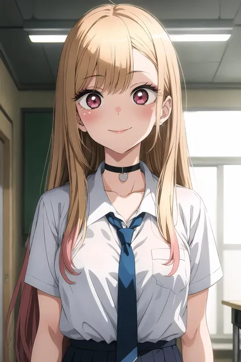 kitagawa marin, 1girl, solo, long hair, smile, bangs, blonde hair, blush, shirt, red eyes, school uniform, white shirt, upper body, necktie, choker, collared shirt, indoors, black choker, blue necktie, ceiling, <lora:Sono Bisque Doll wa Koi wo Suru - Marin Kitagawa R5:0.8>, (score 9, score 8 up, score 7 up, score 6 up, score 5 up, score 4 up)