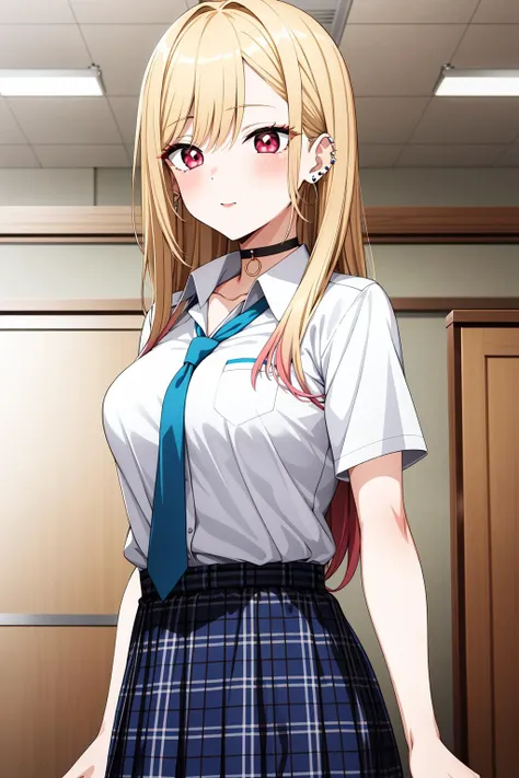 masterpiece, best quality, highres, anime screenshot, looking at viewer, KItakitagawa marin,1girl, blonde hair, long hair, multicolored hair, red eyes, jewelry, earrings, piercing, school uniform, white shirt, tied shirt, black choker, blue necktie, plaid skirt, indoors, <lora:Sono Bisque Doll wa Koi wo Suru - Marin Kitagawa R5:.5>