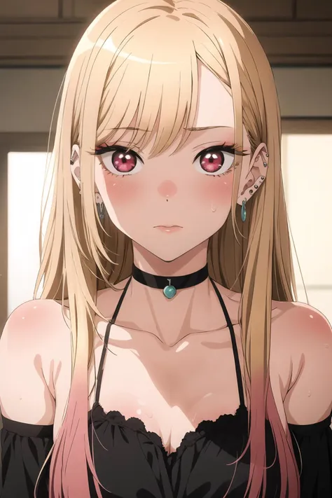 1girl, blonde hair, jewelry, long hair, earrings, solo focus, choker, ear piercing, sweat, piercing, red eyes, pink hair, multicolored hair, kitagawa marin, <lora:Sono Bisque Doll wa Koi wo Suru - Marin Kitagawa Updated:0.7>