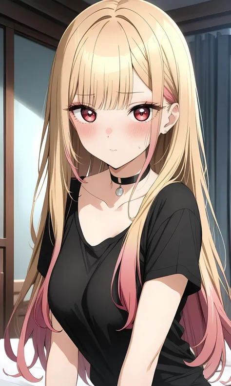 (masterpiece, best quality, very aesthetic, ultra detailed, many details), 1girl, solo, blonde hair, long hair, shirt, choker, blush, multicolored hair, jewelry, black shirt, gradient hair, looking at viewer, black choker, upper body, bangs, red eyes, short sleeves, pink hair, indoors, kitagawa marin,, <lora:Sono Bisque Doll wa Koi wo Suru - Marin Kitagawa XL R0.1:0.8>