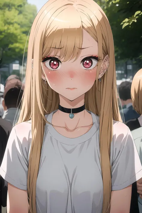 1girl, blush, blonde hair, jewelry, long hair, earrings, solo focus, choker, ear piercing, sweat, piercing, red eyes, looking at viewer, outdoors, wide-eyed, bangs, embarrassed, sweatdrop, crowd, people, nervous, kitagawa marin, <lora:Sono Bisque Doll wa Koi wo Suru - Marin Kitagawa Updated:0.7>