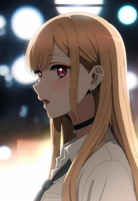 (score_9_up, masterpiece, best quality, very aesthetic, ultra detailed, intricate details, anime style, vibrant colors, dynamic lighting, high resolution, cinematic effects, dramatic lighting, depth of field, lens flare), <lora:Sono Bisque Doll wa Koi wo Suru - Marin Kitagawa XL R1.1:0.8>, Kitagawa Marin, 1girl, solo, choker, long hair, blonde hair, looking at viewer, ear piercing, piercing, black choker, earrings, open mouth, jewelry, shirt, from side, school uniform, barbell piercing, bangs, white shirt, blush, upper body, red eyes, collared shirt, pink eyes