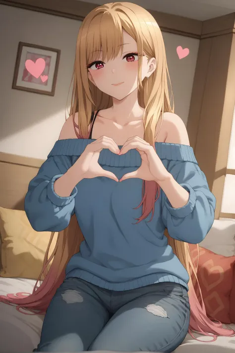 score_9,score_8_up,score_7_up,<lora:Expressive_H:1>,source_anime,1girl,solo,curvy,<lora:Sono Bisque Doll wa Koi wo Suru - Marin Kitagawa XL R1.1:0.7>,Kitagawa Marin,blonde hair,long hair,multicolored hair,red eyes,jewelry,earrings,piercing,smile,heart hands,jeans,off-shoulder_sweater,dutch angle,